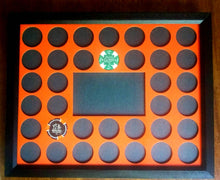 Load image into Gallery viewer, Custom Poker Chip Frame Display Insert Fits 36 Harley-Davidson or Casino chips 11x14 birch chip holder with middle cut-out for photo or patch