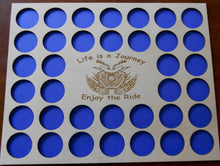 Load image into Gallery viewer, Custom Poker Chip Frame Display Insert Engraved motorcycle and flames Fits 36 Harley-Davidson or Casino chips 11 X 14 natural birch holder #07