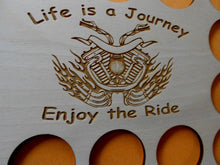 Load image into Gallery viewer, Custom Poker Chip Frame Display Insert Engraved motorcycle and flames Fits 36 Harley-Davidson or Casino chips 11 X 14 natural birch holder #07