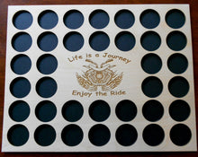 Load image into Gallery viewer, Custom Poker Chip Frame Display Insert Engraved motorcycle and flames Fits 36 Harley-Davidson or Casino chips 11 X 14 natural birch holder #07