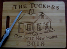 Load image into Gallery viewer, Custom Personalized Cutting Board House-warming Gift Laser-engraved Bamboo Board Our First New Home Couples Gift Surname & year