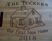 Load image into Gallery viewer, Custom Personalized Cutting Board House-warming Gift Laser-engraved Bamboo Board Our First New Home Couples Gift Surname & year