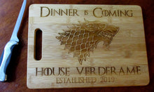 Load image into Gallery viewer, Custom Personalized Game of Thrones Bamboo Cutting Board Laser-engraved names Year Established Dinner is Coming Christmas Gift GOT