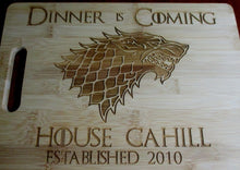 Load image into Gallery viewer, Custom Personalized Game of Thrones Bamboo Cutting Board Laser-engraved names Year Established Dinner is Coming Christmas Gift GOT