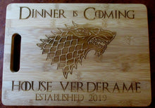 Load image into Gallery viewer, Custom Personalized Game of Thrones Bamboo Cutting Board Laser-engraved names Year Established Dinner is Coming Christmas Gift GOT