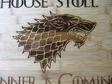 Load image into Gallery viewer, Custom Game of Thrones Cutting Board Personalized Small or Large Cheese board Dinner Is Coming House Name Personalized Christmas Gift