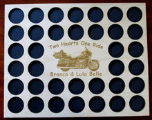 Load image into Gallery viewer, Custom Casino Poker Chip Display Frame Insert Personalized 11x14 wood insert Fits 36 Harley chips Two Hearts One Ride Valentines Day