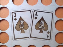 Load image into Gallery viewer, Custom Poker Chip Frame Display Insert Jack and Ace Engraved with frame option Fits 33 Casino chips 11x14 natural birch Christmas gift