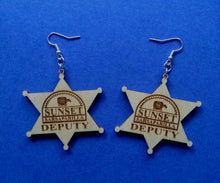Load image into Gallery viewer, Custom Engraved Earrings Fallout: New Vegas Laser-engraved dangle birch earrings Sunset Sarsaparilla Deputy Badge earrings