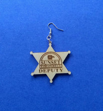 Load image into Gallery viewer, Custom Engraved Earrings Fallout: New Vegas Laser-engraved dangle birch earrings Sunset Sarsaparilla Deputy Badge earrings