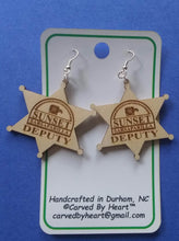 Load image into Gallery viewer, Custom Engraved Earrings Fallout: New Vegas Laser-engraved dangle birch earrings Sunset Sarsaparilla Deputy Badge earrings