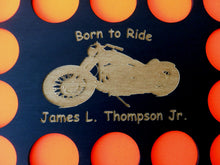 Load image into Gallery viewer, Custom Engraved Poker Chip Display Frame Insert Personalized Black chip holder Fits 36 Harley or Poker chips 11 X 14 insert Born To Ride