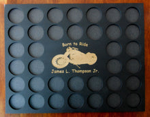 Load image into Gallery viewer, Custom Engraved Poker Chip Display Frame Insert Personalized Black chip holder Fits 36 Harley or Poker chips 11 X 14 insert Born To Ride
