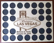 Load image into Gallery viewer, Custom Poker Chip Display Frame With Personalized Laser-engraved Vegas Insert Fits 30 Casino chips Black frame Welcome to Las Vegas
