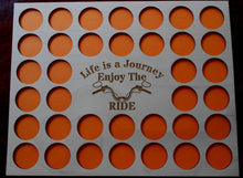 Load image into Gallery viewer, Engraved Poker Chip Frame Display Insert Life is a Journey Fits 36 Harley or Poker chips 11 X 14 natural birch chip holder Handle bars #19
