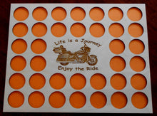 Load image into Gallery viewer, Motorcycle Engraved Poker Chip Frame Display Insert Fits 36 Harley or Casino chips 11 x 14 natural birch chip holder Life Is A Journey #18 With Economy Frame Option
