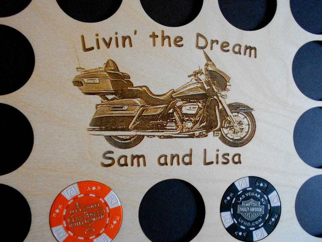 Custom Personalized Motorcycle Engraved Poker Chip Frame Display Insert Livin' the Dream Holder Fits 36 Harley-Davidson or Casino chips