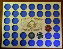 Load image into Gallery viewer, Custom Poker Chip Frame Display Respect is Earned Punisher&#39;s Skull Engraved Fits 36 Harley-Davidson chips 11x14 chip holder With Frame Option
