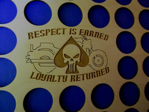 Custom Poker Chip Frame Display Respect is Earned Punisher's Skull Engraved Fits 36 Harley-Davidson chips 11x14 chip holder With Frame Option