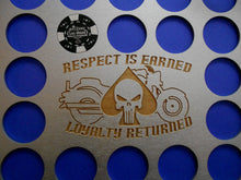 Load image into Gallery viewer, Custom Poker Chip Frame Display Respect is Earned Punisher&#39;s Skull Engraved Fits 36 Harley-Davidson chips 11x14 chip holder With Frame Option
