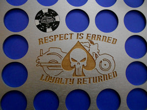 Custom Poker Chip Frame Display Respect is Earned Punisher's Skull Engraved Fits 36 Harley-Davidson chips 11x14 chip holder With Frame Option