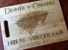 Load image into Gallery viewer, Custom Personalized Game of Thrones Bamboo Cutting Board Laser-engraved names Year Established Dinner is Coming Christmas Gift GOT
