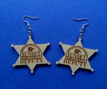Load image into Gallery viewer, Custom Engraved Earrings Fallout: New Vegas Laser-engraved dangle birch earrings Sunset Sarsaparilla Deputy Badge earrings

