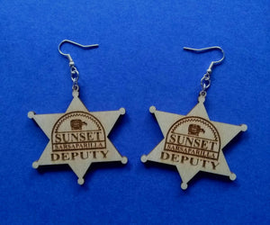 Custom Engraved Earrings Fallout: New Vegas Laser-engraved dangle birch earrings Sunset Sarsaparilla Deputy Badge earrings