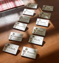 Load image into Gallery viewer, Custom Name Tags Laser-engraved personalized name badges Magnetic name tags for conferences Wood name badges
